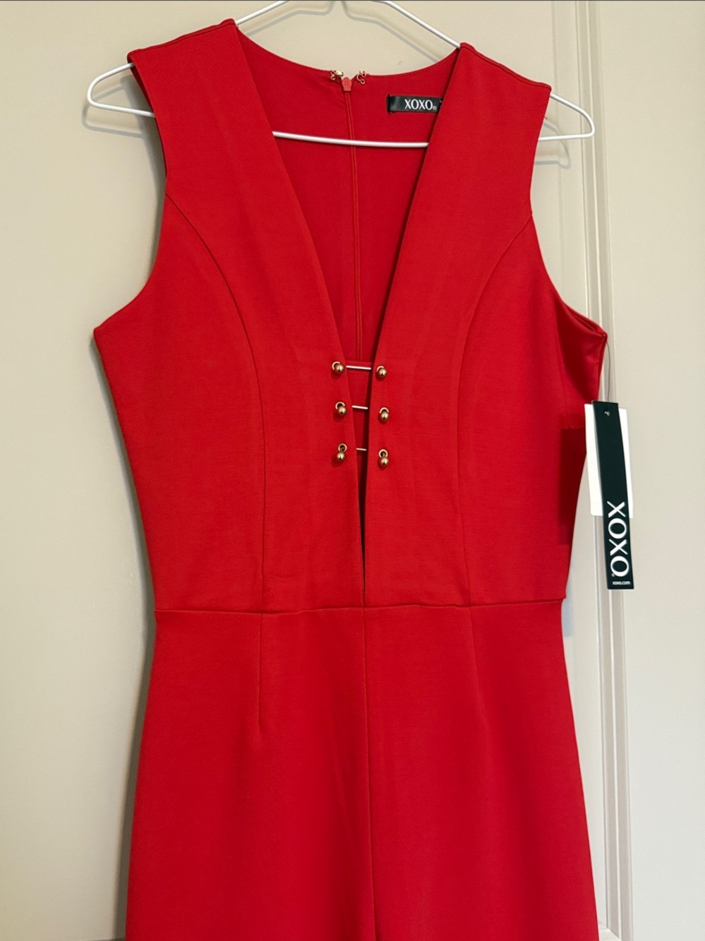 Macy's XOXO Red Sleeveless Jumpsuit with Gold Hardware